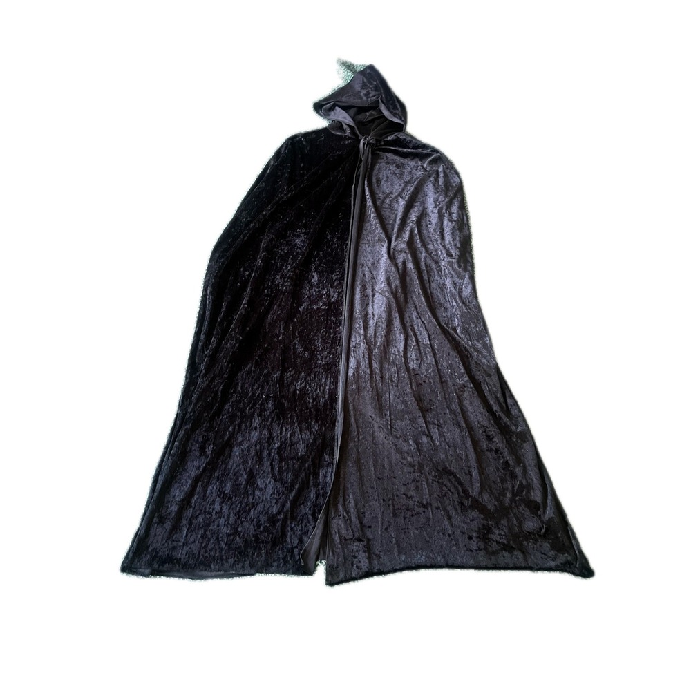 Black Crushed Velvet Hooded Cape Full Length Costume Cloak One Size Halloween